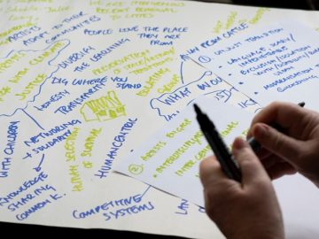 Hands writing on a large sheet of paper